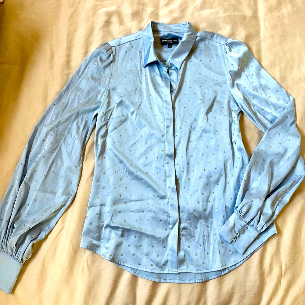 Baby blue rhinestone silk blouse